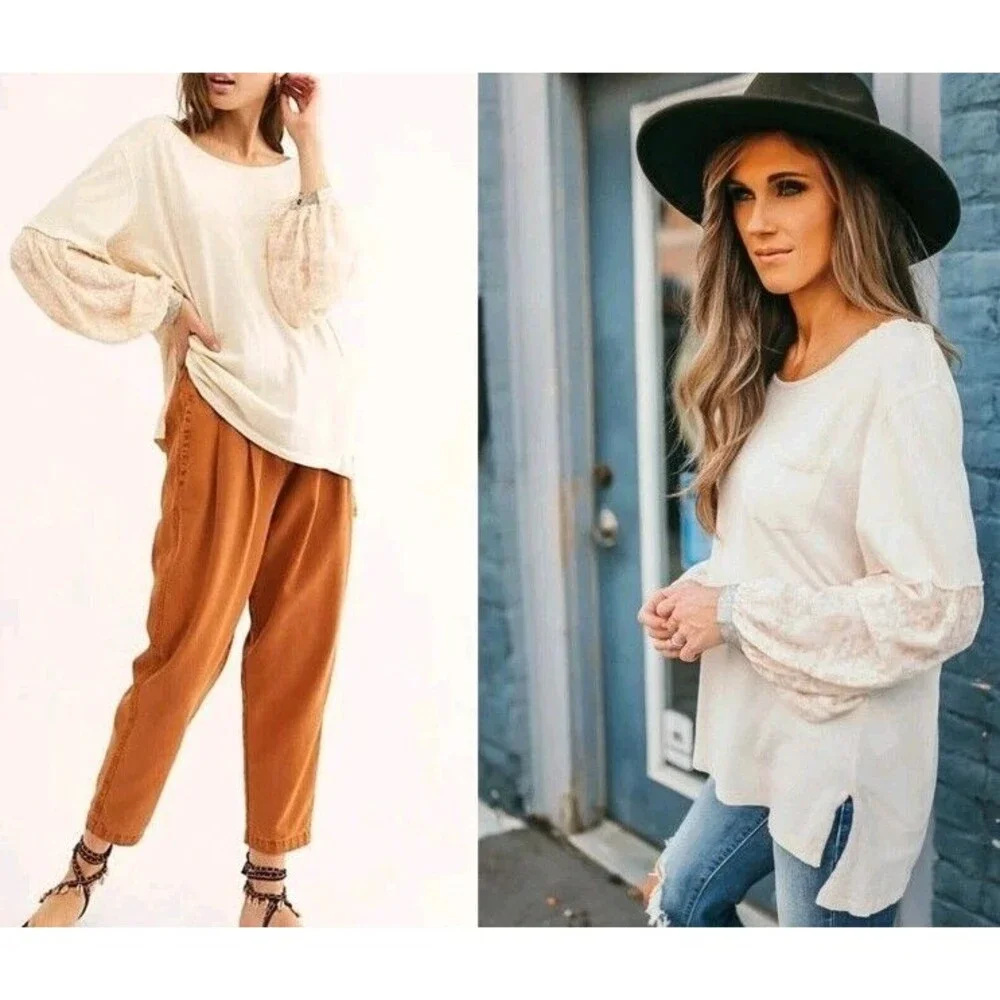 Free People We The Free Jade Top Womens Small Wide Neck Button Cuff Cream Boho